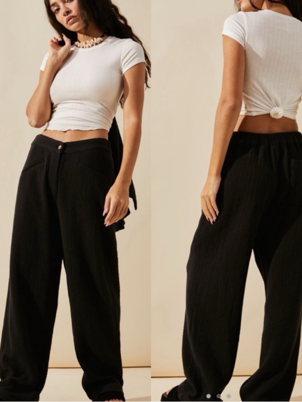 FREE PEOPLE Like A Cloud Waffle Cotton Knit Black High Waist Pants Trousers